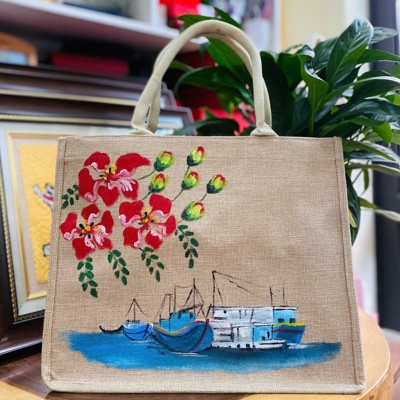 Túi đay vẽ tay hoa phượng, tàu thuyền 35X30X14cm